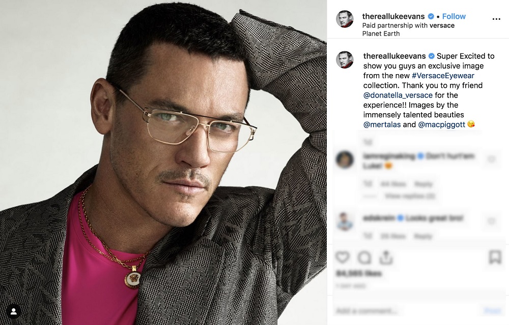 A screengrab from Luke Evansu00e2u20acu2122 Instagram showing his latest eyewear campaign for Versace.