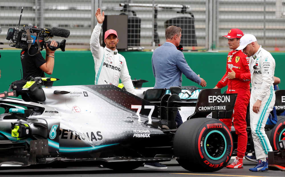 Mercedes' Lewis Hamilton waves to the crowd after qualifying in second position for the British Grand Prix at the Silverstone Circuit in Silverstone, Britain, July 13, 2019. u00e2u20acu201d Reuters pic