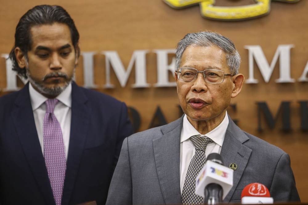 Jeli MP Datuk Seri Mustapha Mohamed speaks to reporters at Parliament in Kuala Lumpur July 17, 2019. u00e2u20acu2022 Picture by Hari Anggara