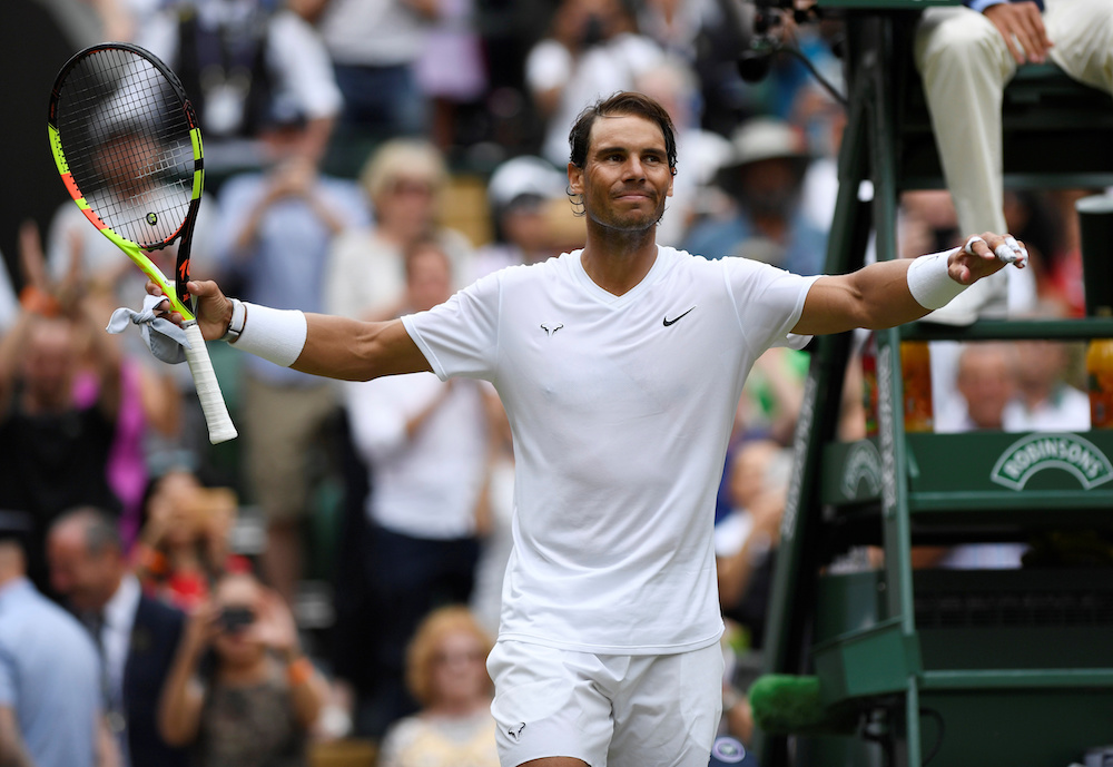 Spainu00e2u20acu2122s Rafael Nadal celebrates winning his third round match against Franceu00e2u20acu2122s Jo-Wilfried Tsonga at the All England Lawn Tennis and Croquet Club, London, July 6, 2019. u00e2u20acu201d Reuters pic