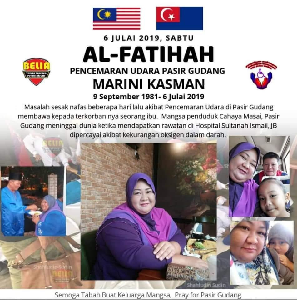 The photo banner claimed Marini Kasman was believed to have died from a ‘lack of oxygen in her blood, stemming from the breathing difficulties due’ to the Pasir Gudang air pollution. — Picture courtesy of social media  