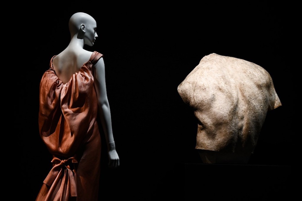 In this file photo taken on July 3, 2019 a dress by Balenciaga is displayed next to a scuplture by French sculptor Antoine Bourdelle at the Musee Bourdelle in Paris. u00e2u20acu201d AFP picnn
