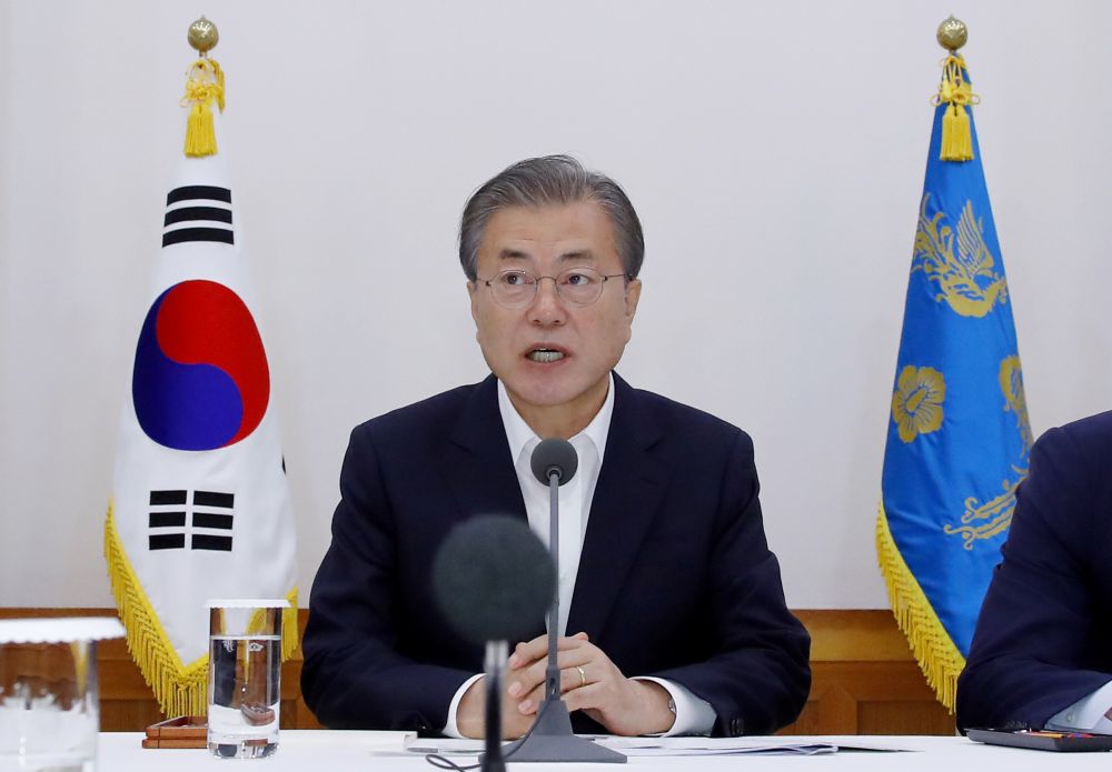 South Korean President Moon Jae-in speaks during a meeting with executives from South Korea's top 30 conglomerates at the Presidential Blue House in Seoul July 10, 2019. u00e2u20acu2022 Picture by Yonhap via Reuters