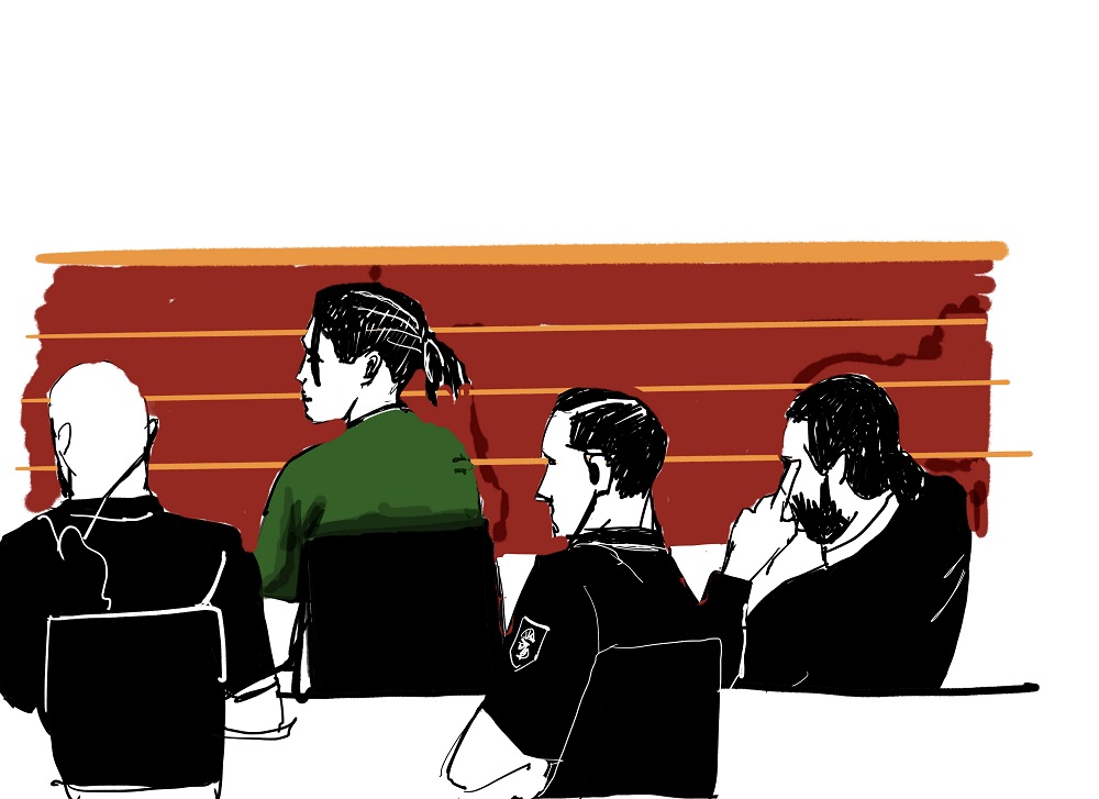 This court sketch created on July 30, 2019 shows US rapper ASAP Rocky (in green) during his trial at the district court in Stockholm. u00e2u20acu201d Anna Harvard/TT NEWS AGENCY/Sweden OUT/AFP pic