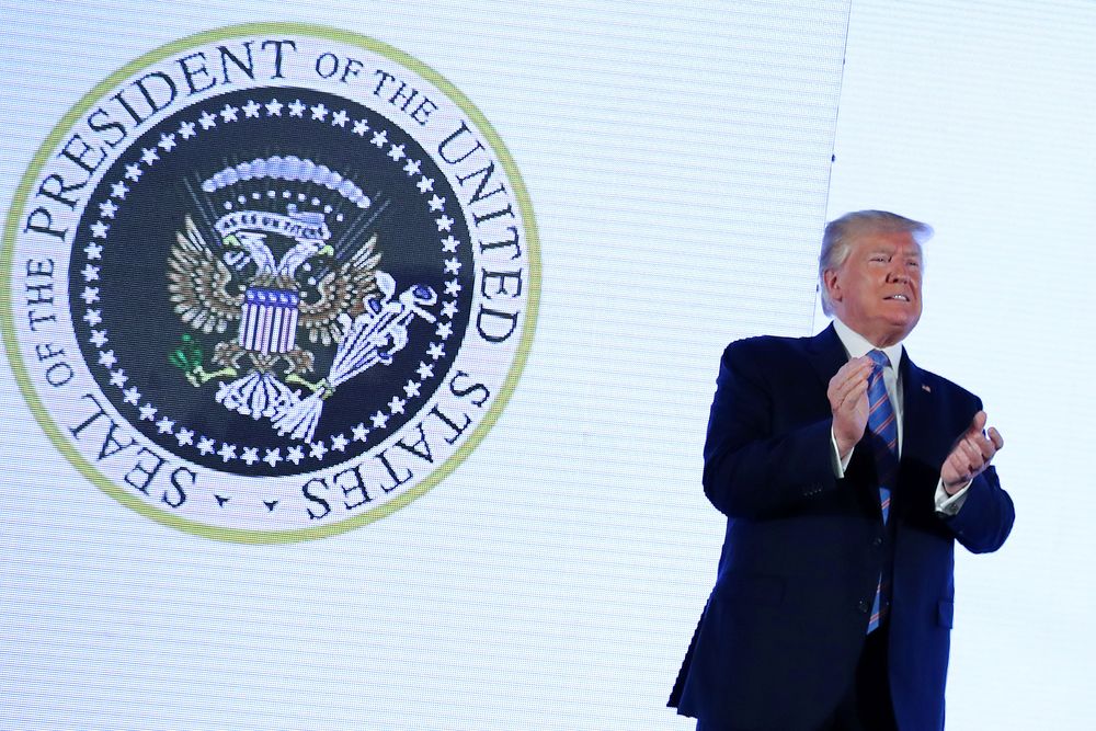 US President Donald Trump takes the stage next to an altered presidential seal prior to a speech at Turning Point USAu00e2u20acu2122s Teen Student Action Summit in Washington, July 23, 2019. u00e2u20acu201d Reuters pic
