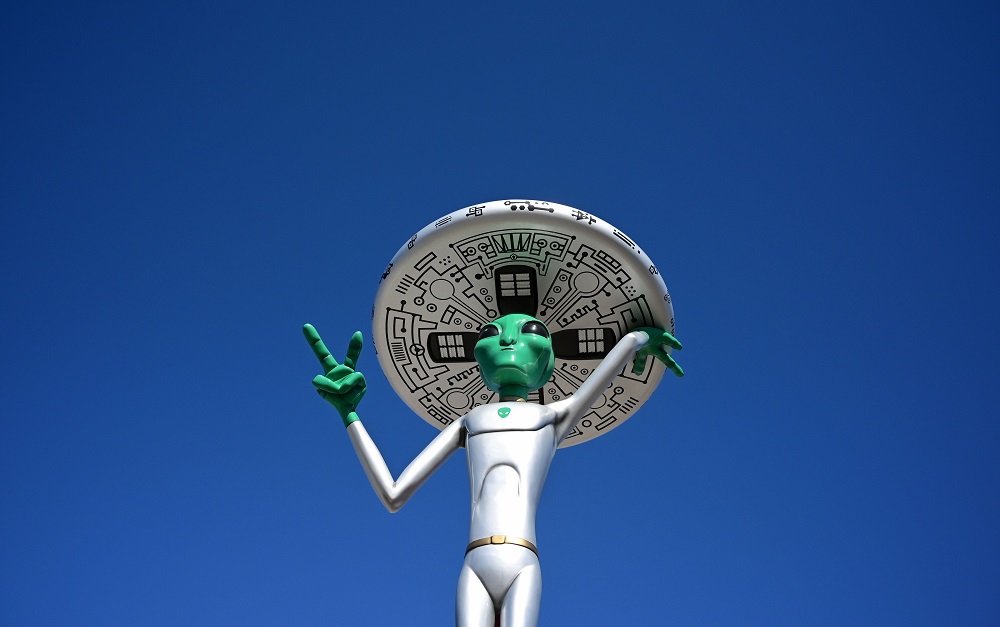 In this file photo taken on March 4, 2019, an Alien sculpture lines the side of the road in the town of Baker, California, known as the u00e2u20acu02dcGateway to Area 51u00e2u20acu2122. u00e2u20acu201d AFP pic         