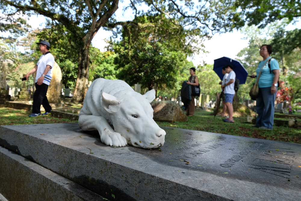 The realistic Italian marble sculpture of a dog lies on the grave of Andrew Duncan at the Western Road Cemetery. — Picture by Steven Ooi KE