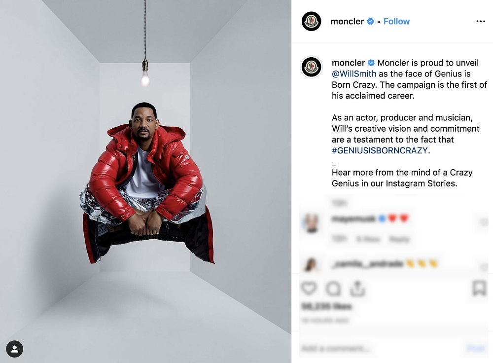 A screengrab from Moncleru00e2u20acu2122s Instagram featuring Will Smith.
