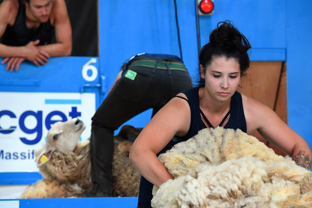 Amelia Seifert from the US participates in the sorting of the wool during the 18th edition of the World Sheep Shearing and Wool handling championships in Le Dorat, central-western France, on July 4, 2019. u00e2u20acu201d AFP pic      