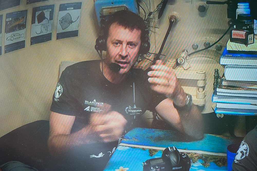 French marine naturalist and underwater photographer Laurent Ballesta gives a press conference from his steel capsule at the Marseille 'National Institute for Professional Diving' July 28, 2019. u00e2u20acu201d AFP pic