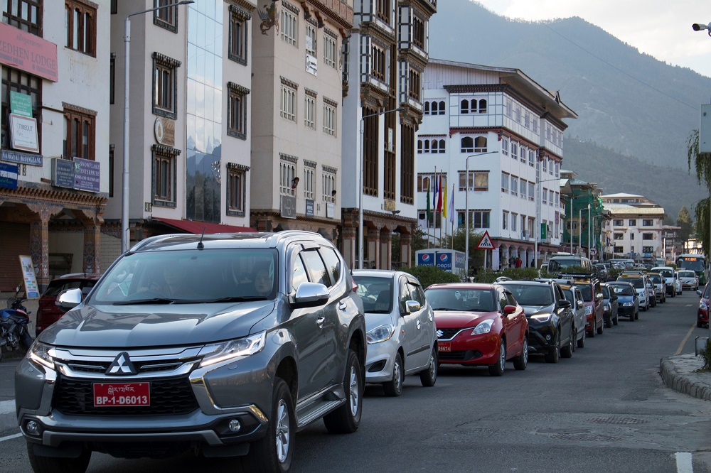 This photo taken on April 19, 2019 shows traffic backed up on a road in Bhutanu00e2u20acu2122s capital Thimphu. u00e2u20acu201d AFP pic        