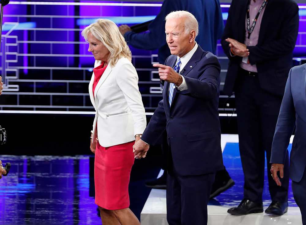 Former Vice President Joe Biden leaves the stage with his wife Jill after the conclusion of the second night of the first Democratic presidential candidates debate in Miami, Florida June 27, 2019. u00e2u20acu201d Reuters pic