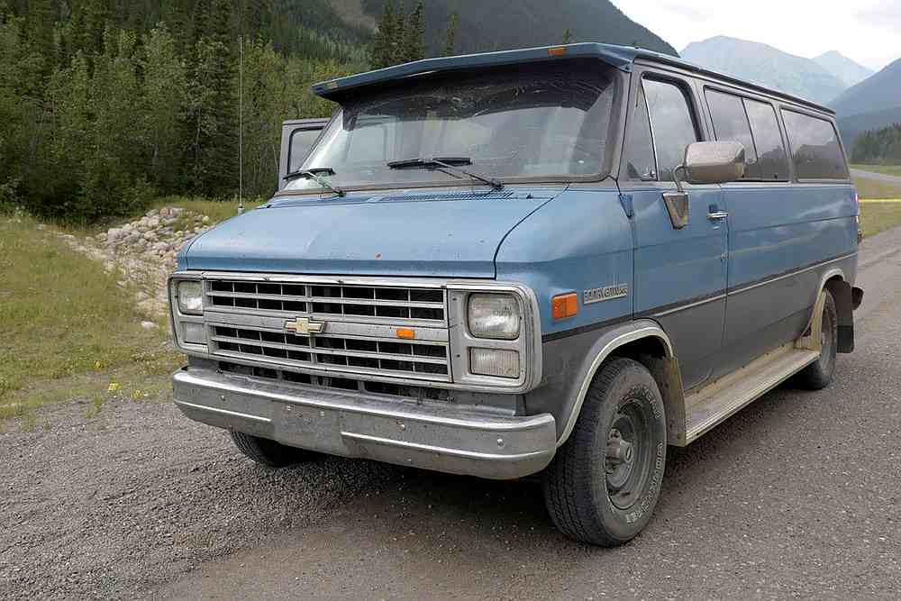 A blue 1986 Chevrolet van at the site of a double homicide where Chynna Noelle Deese, 24, of the US and Lucas Robertson Fowler, 23 of Australia were found dead near Liard Hot Springs, British Columbia, Canada. u00e2u20acu201d RCMP handout via Reuters