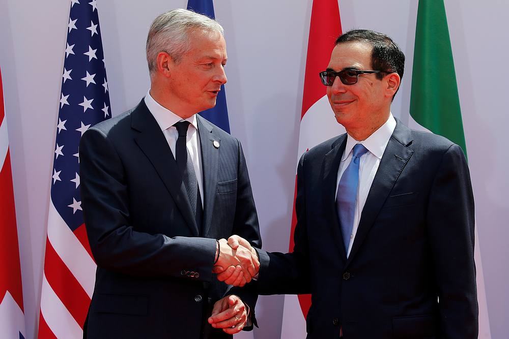 French Finance Minister Bruno Le Maire welcomes US Treasury Secretary Steven Mnuchin at the G7 finance ministers and central bank governors meeting in Chantilly, near Paris, France July 17, 2019. u00e2u20acu201d Reuters pic 