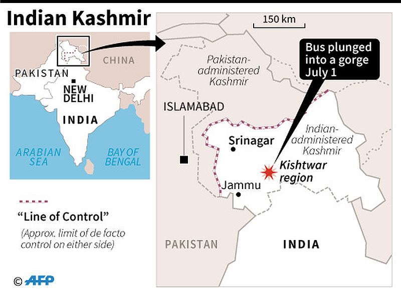 Map of Indian-administered Kashmir locating Kishtwar, where a bus crashed July 1, 2019 leaving 35 people dead. u00e2u20acu201d AFP map