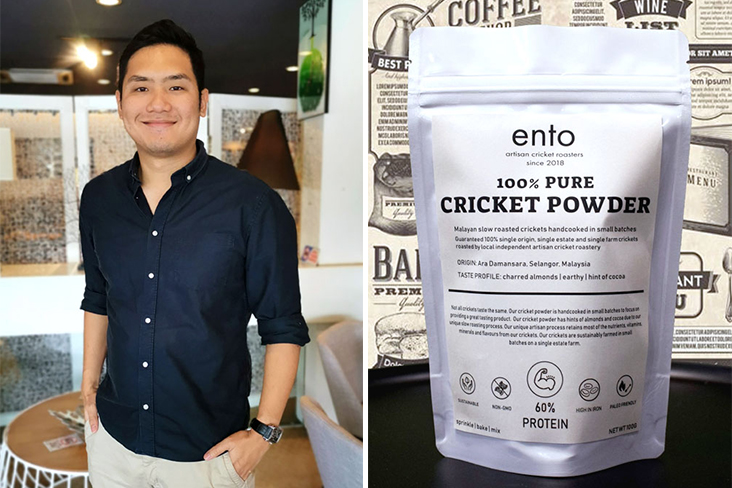 PJ-born Kevin Wu is the founder of Ento, a Malaysian start-up offering 'artisanal roasted crickets' (left). Cricket protein powder is part of Ento’s ongoing product range expansion (right)