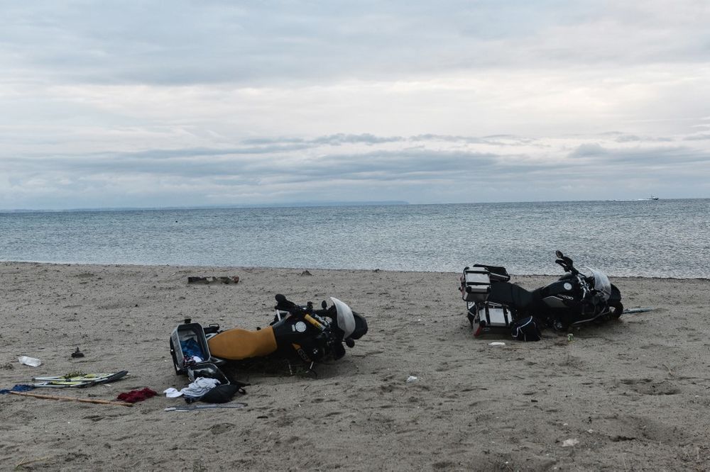 A picture taken on July 11, 2019 shows motorcycles on a beach after a storm in Nea Plagia, in Chalkidiki, Northern Greece. Tornadoes and violent hailstorms killed six tourists in northern Greece late on July 10, 2019, police said. u00e2u20acu201d AFP pic