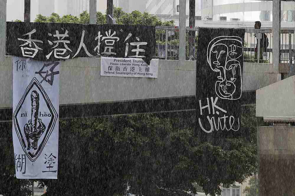 Banners hang from a bridge connecting the Legislative Council, a day after protesters broke into the building in Hong Kong July 2, 2019. u00e2u20acu201d Reuters pic