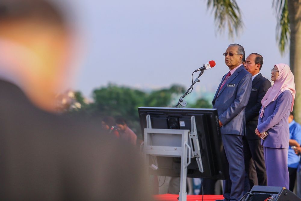 Prime Minister Tun Dr Mahathir Mohamad speaks to civil servants during the monthly assembly of the Prime Ministeru00e2u20acu2122s Department in Putrajaya July 1, 2019. u00e2u20acu201d Picture by Hari Anggara