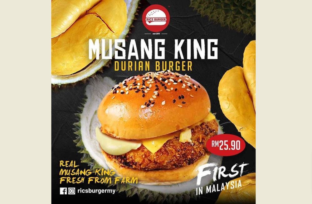 The patty is fully made of Musang King durian stuffed with butter and mozzarella cheese.