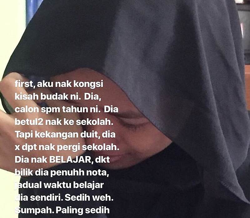 Help is slowly trickling in for a Form Five student in Kuching, Sarawak after a tweet of her having to stop schooling due to lack of funds went viral. u00e2u20acu201d Picture courtesy of Twitter/@asfanafiey94