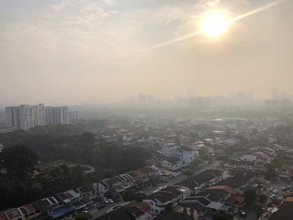 Haze shrouded Penang this morning while API readings have been recorded at moderate levels of between 74 and 82. u00e2u20acu201d Picture by Opalyn Mok