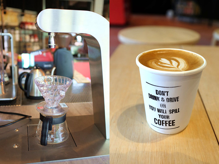 Both filter coffee (left) and the usual espresso-based beverages such as caffè latte (right) are available.
