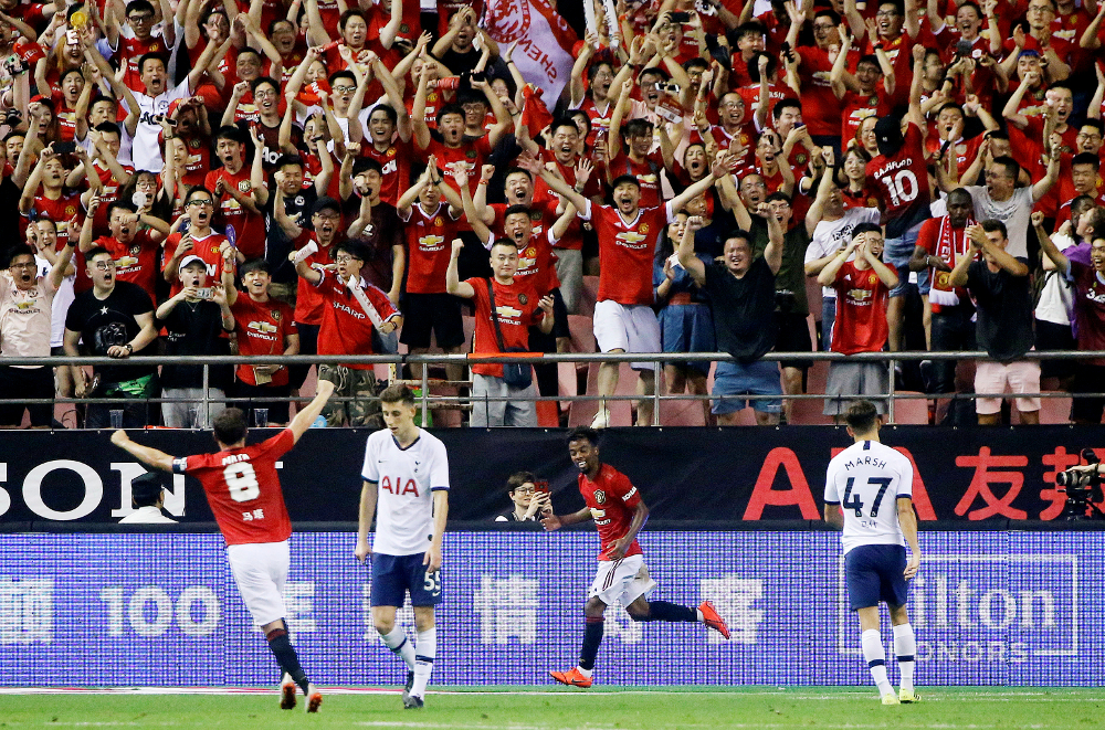 Manchester Unitedu00e2u20acu2122s Angel Gomes celebrates scoring their second goal during their International Champions Cup match against Tottenham Hotspur at the Hongkou Football Stadium, Shanghai July 25, 2019. u00e2u20acu201d Reuters pic