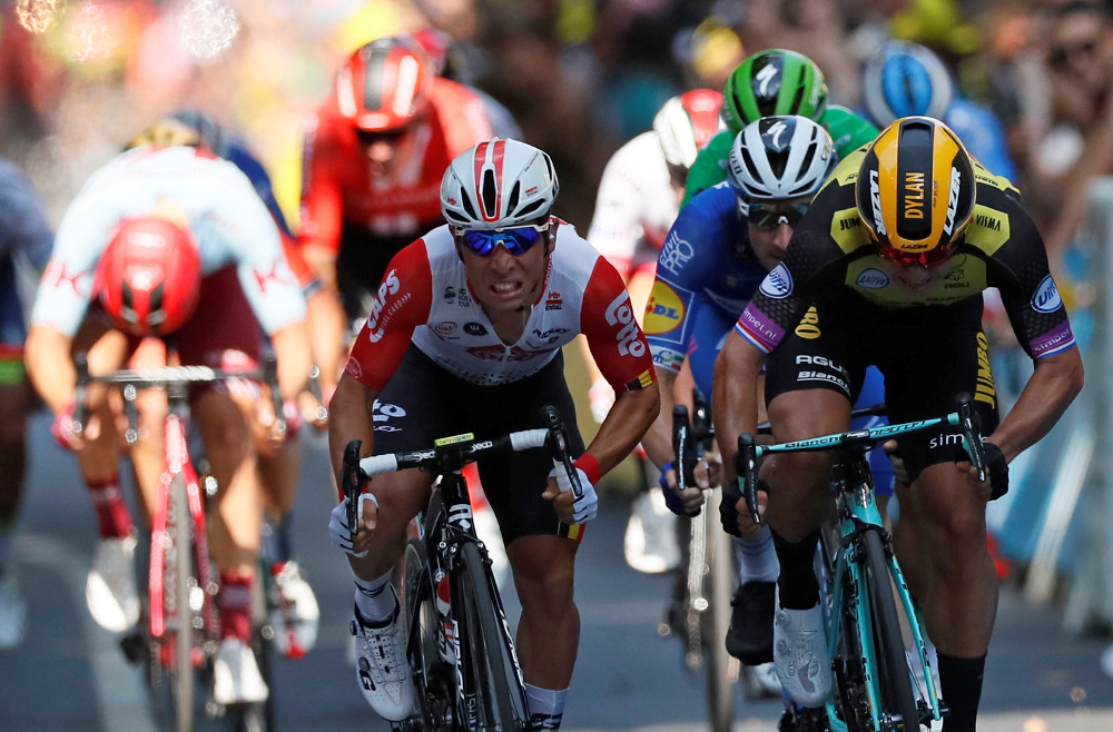 Lotto Soudal rider Caleb Ewan of Australia and Team Jumbo-Visma rider Dylan Groenewegen of the Netherlands jump towards the line during the 167-km Tour de France Stage 11 from Albi to Toulouse July 17, 2019. u00e2u20acu201d Reuters pic