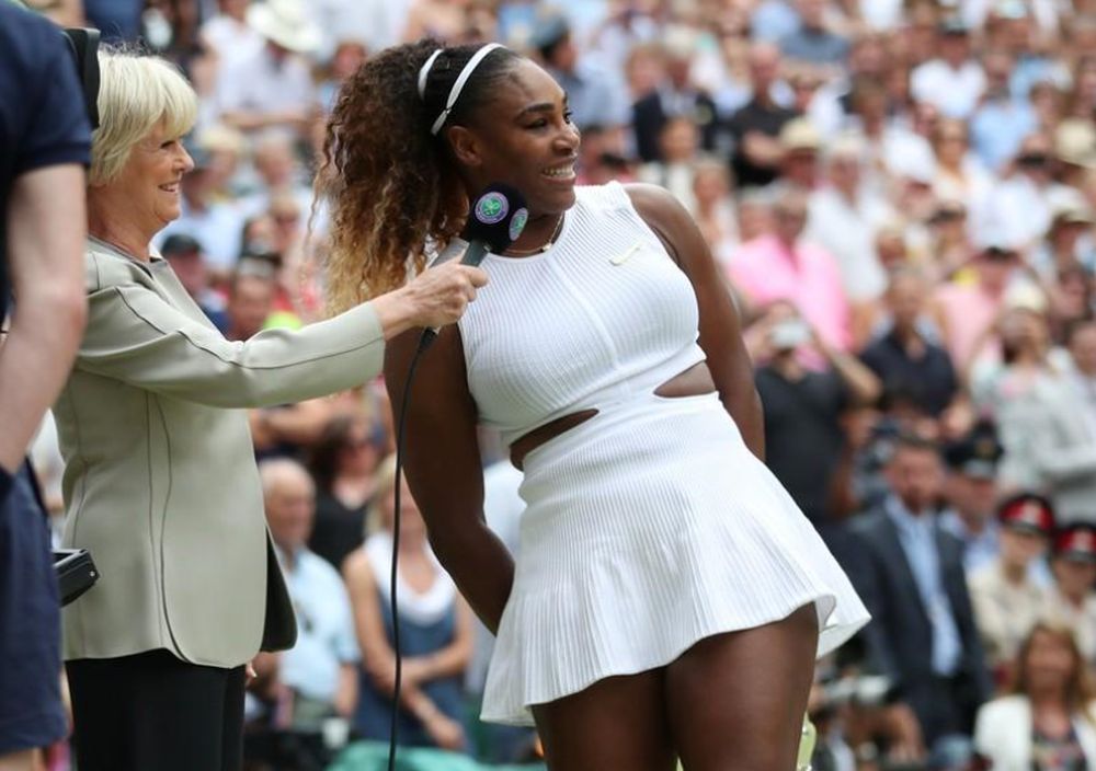 Serena Williams is interviewed by Sue Barker after losing the final against Simona Halep, at Wimbledon, July 13, 2019. u00e2u20acu201d Reuters pic