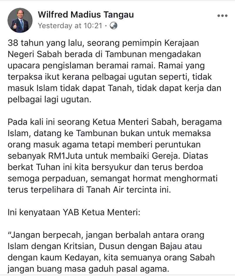 A screen capture of Tangau's facebook post.