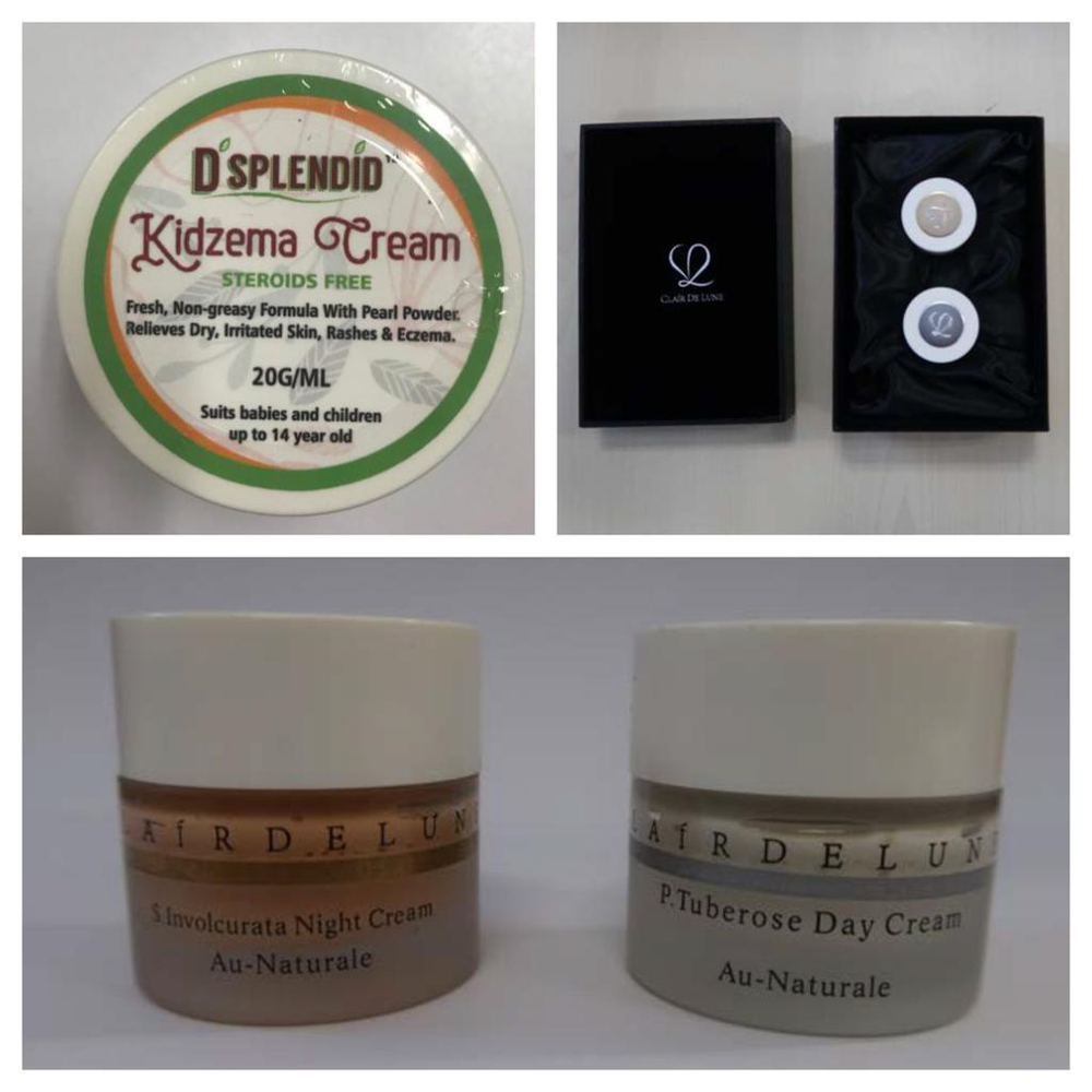 (Clockwise from top left) Du00e2u20acu2122Splendid Kidzema Cream, Clair de Lune P. Tuberose Day Cream, and Clair de Lune S. Involcurata Night Cream. u00e2u20acu201d Picture by Singapore Health Sciences Authority via TODAY