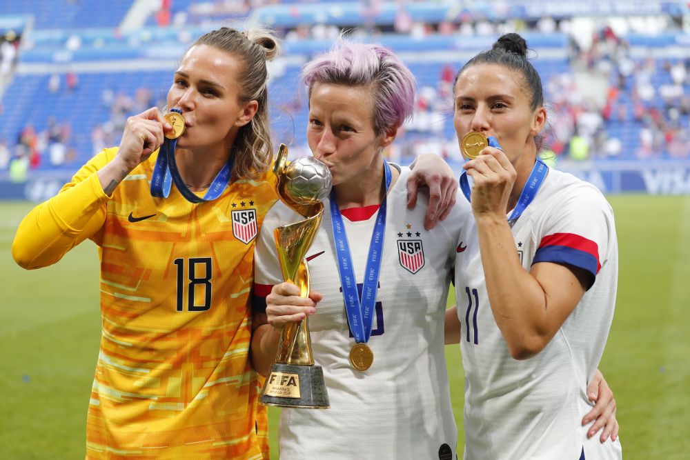 United States players (from left ) Ashlyn Harris (18) , Megan Rapinoe (15) and Ali Krieger (11) celebrate after defeating the Netherlands in the Fifa Womenu00e2u20acu2122s World Cup final. u00e2u20acu201d Reuters pic