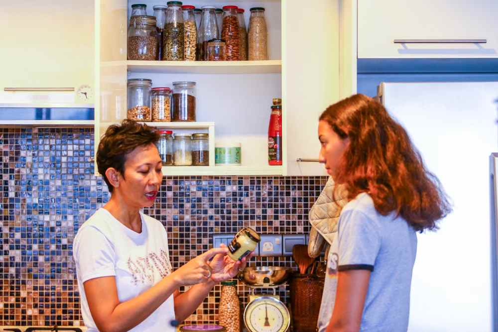 Dry ingredients like rice, pasta, and beans are purchased from bulk food stores to eliminate the need for plastic packaging. 