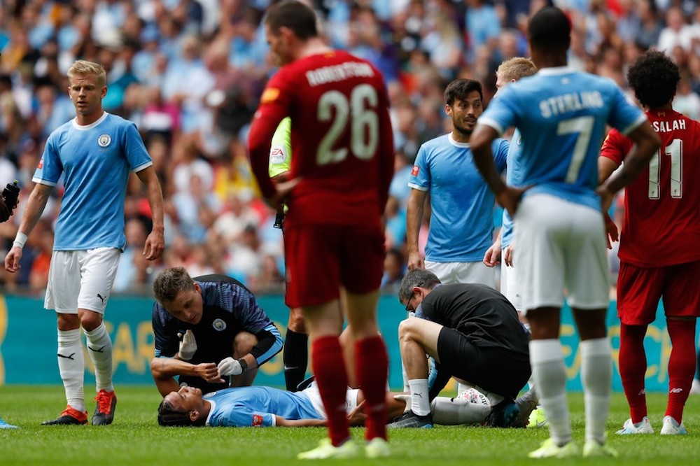 Manchester Cityu00e2u20acu2122s Leroy Sane gets attention for an injury before being substituted during the Community Shield match with Liverpool at Wembley Stadium in London August 4, 2019. u00e2u20acu201d AFP pic