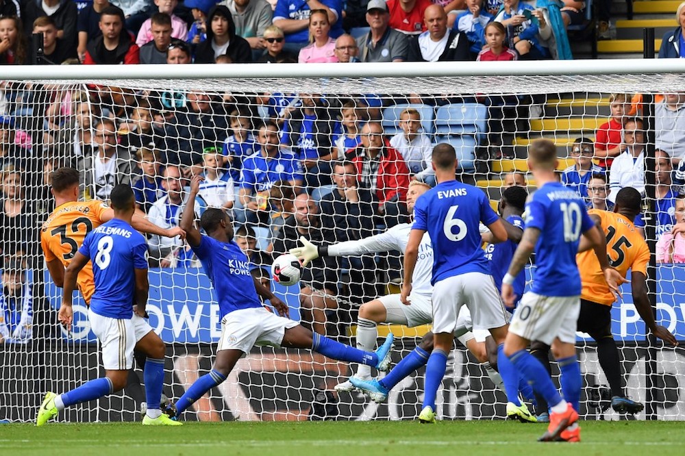 Wolverhampton Wanderersu00e2u20acu2122 Leander Dendoncker shoots to score but the goal is overturned after a VAR review during the English Premier League match with Leicester City at King Power Stadium in Leicester August 11, 2019. u00e2u20acu201d AFP pic