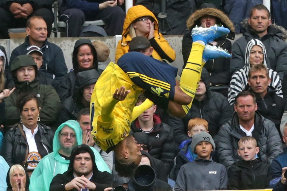 Arsenalu00e2u20acu2122s Pierre-Emerick Aubameyang celebrates after scoring a goal during the English Premier League match with Newcastle United at St Jamesu00e2u20acu2122 Park in Newcastle-upon-Tyne August 11, 2019. u00e2u20acu201d AFP pic