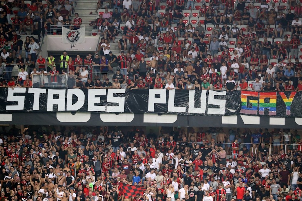 Nice supporters brandish a banner reading u00e2u20acu02dcstadiums more gayu00e2u20acu2122 during the French L1 match between OGC Nice and Olympique de Marseille in Nice August 28, 2019. u00e2u20acu201d AFP pic