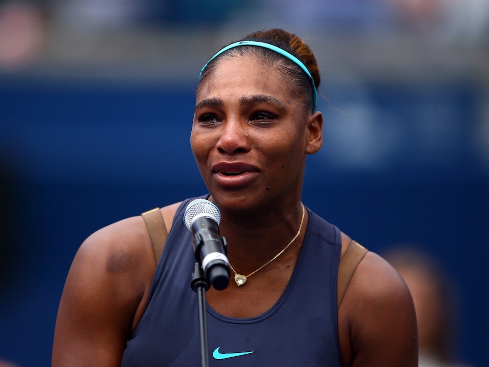 Serena Williams of the United States becomes upset after withdrawing from the final match against Bianca Andreescu of Canada due to a back injury at the Rogers Cup in Toronto August 11, 2019. — AFP pic