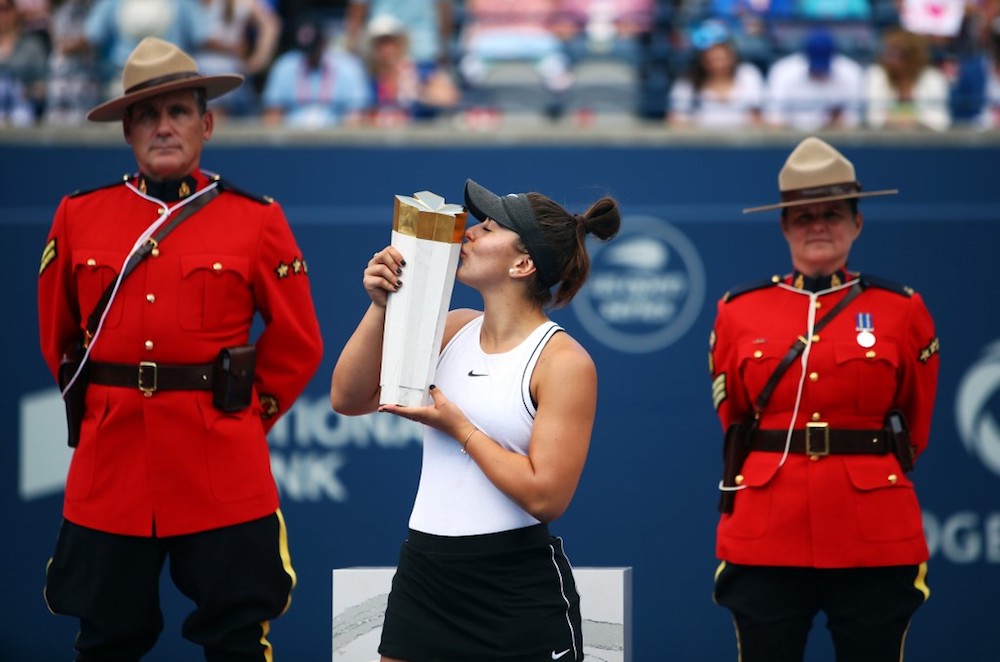 Bianca Andreescu of Canada with the winneru00e2u20acu2122s trophy following her victory over Serena Williams of the United States in the final match of the Rogers Cup in Toronto August 11, 2019. u00e2u20acu201d AFP pic
