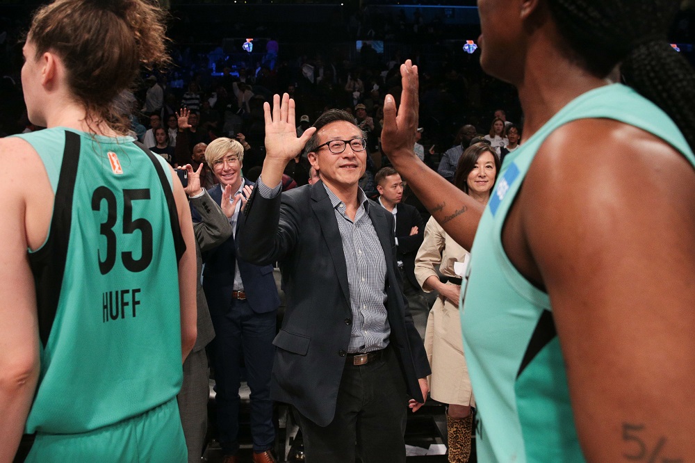 Taiwanese business Joseph Tsai high fives the New York players after the preseason WNBA game against the China National Team at Barclays Centre in New York May 9, 2019. u00e2u20acu201d Picture by Vincent Carchietta-USA TODAY Sports via Reuters