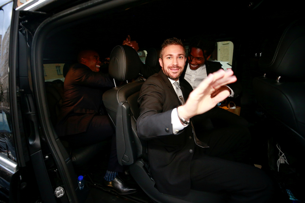 ASAP Rocky (back-right) reacts as he leaves the district court in Stockholm August 2, 2019, on the third day of his June street brawl assault trial. u00e2u20acu201d Reuters pic