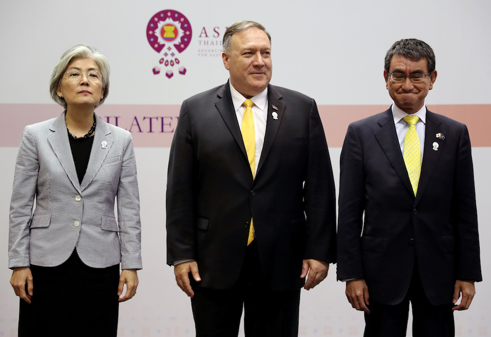 US Secretary of State Mike Pompeo, his Japanese counterpart Taro Kono and South Korean counterpart Kang Kyung-wha, pose after a trilateral meeting, on the sidelines of the Asean meeting in Bangkok August 2, 2019. u00e2u20acu201d Reuters pic