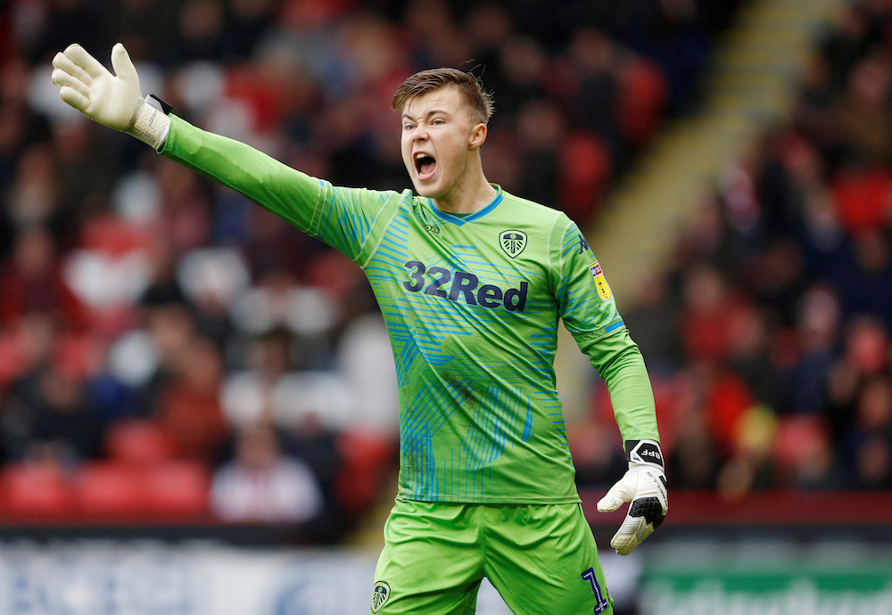 Leeds Unitedu00e2u20acu2122s Bailey Peacock-Farrell reacts during the Championship match with Sheffield United in Sheffield December 1, 2018. u00e2u20acu201d Action Images pic via Reuters