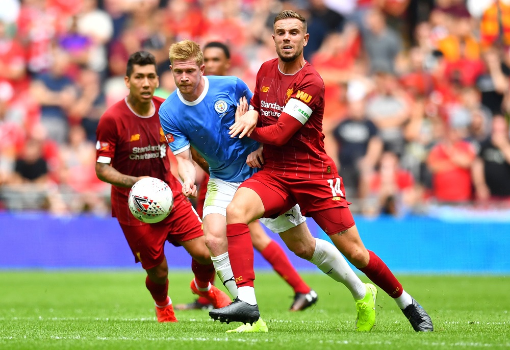 Manchester Cityu00e2u20acu2122s Kevin De Bruyne in action with Liverpoolu00e2u20acu2122s Jordan Henderson at the Wembley Stadium in London August 4, 2019. u00e2u20acu201d Reuters pic