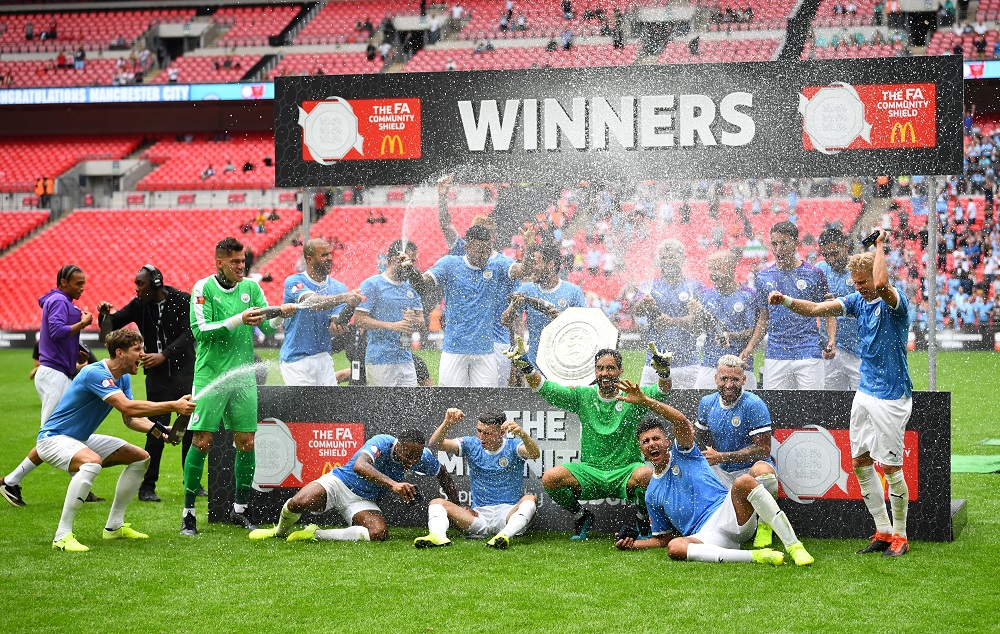 Manchester Cityu00e2u20acu2122s players celebrate winning the FA Community Shield at the Wembley Stadium in London August 4, 2019. u00e2u20acu201d Reuters pic