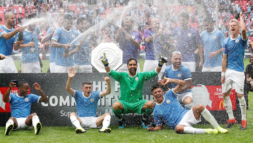 Manchester Cityu00e2u20acu2122s Claudio Bravo, Phil Foden, Raheem Sterling and team mates celebrate winning the FA Community Shield at the Wembley Stadium in London August 4, 2019. u00e2u20acu201d Reuters pic