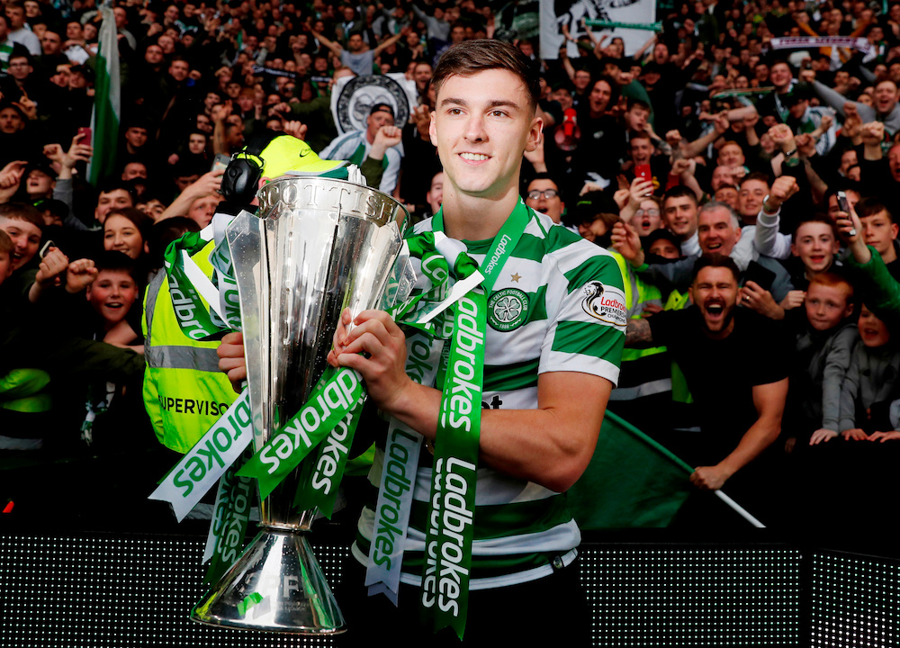 Celticu00e2u20acu2122s Kieran Tierney celebrates winning the Premiership at Celtic Park in Glasgow May 19, 2019. u00e2u20acu201d Action Images pic via Reuters