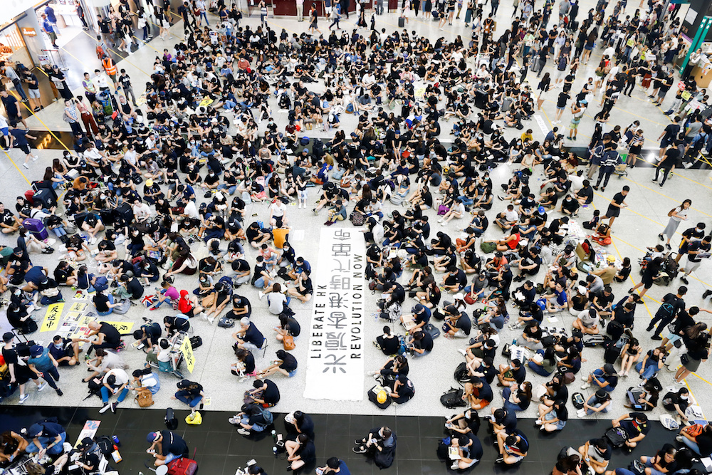 Anti-extradition Bill demonstrators attend a protest at the arrival hall of Hong Kong Airport August 9, 2019. u00e2u20acu201d Reuters pic
