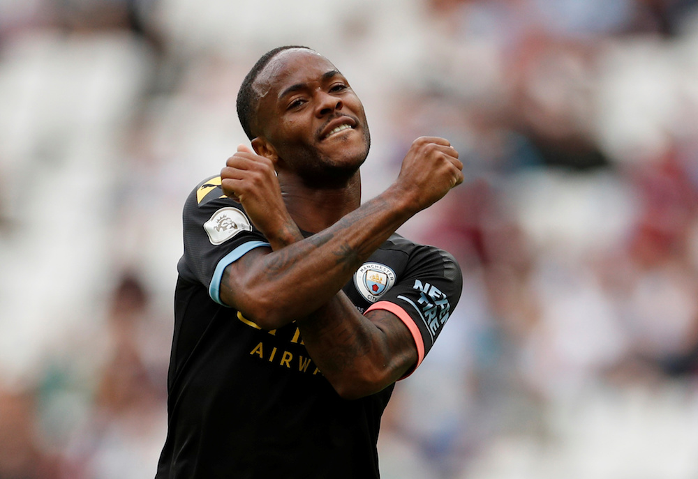 Manchester Cityu00e2u20acu2122s Raheem Sterling celebrates scoring their fifth goal and completing his hat-trick during their Premier League with West Ham United in London August 10, 2019. u00e2u20acu201d Action Images pic via Reuters